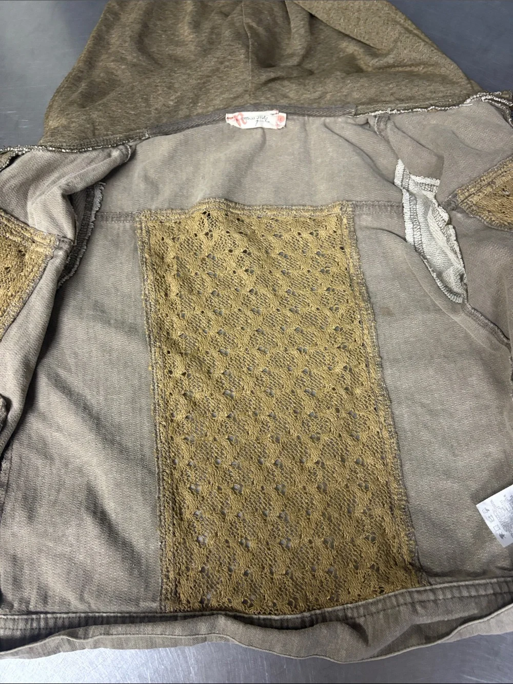 Miss Me Olive Knit-Sleeve Denim Jacket with Lace Panels